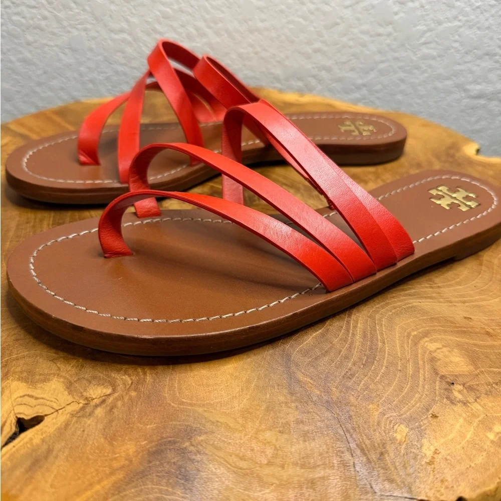 Tory Burch Patos Flat Slide Sandals in Samba Red Vachetta Leather Womens sz 7.5M